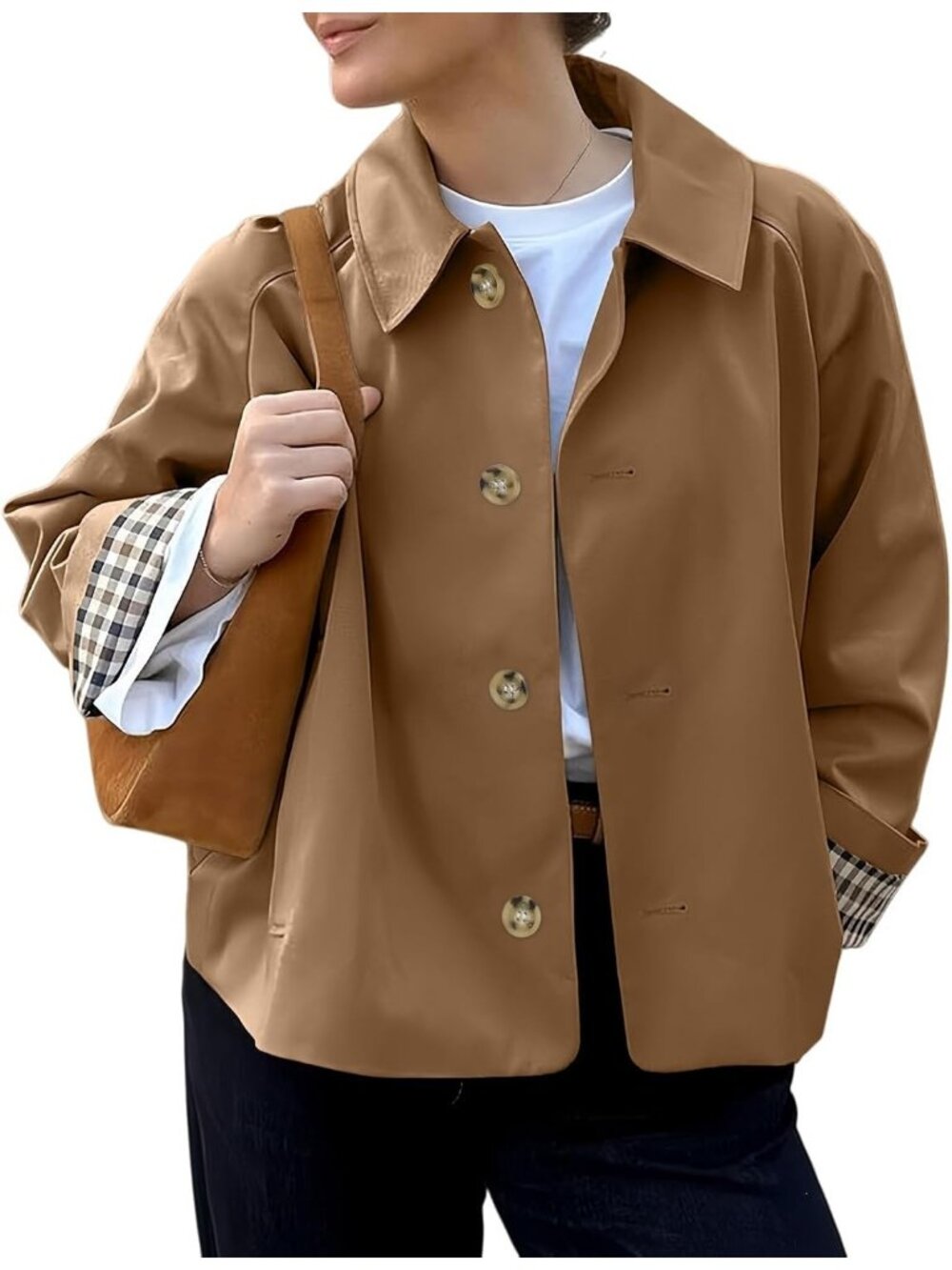 Women's Dark khaki Cropped Breasted Button Front Plaid Cuff Lining Trench Coat